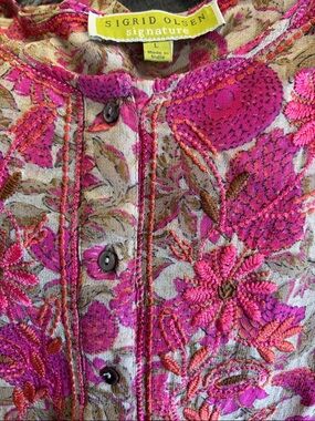 Sigrid Olsen Pink and Hot Pink Embroidered Floral Button Front Top